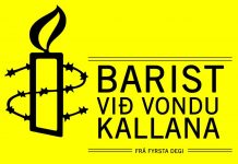 Gömul auglýsing frá amnesty, á henni stendur Barist við vondu kallana frá fyrsta degi