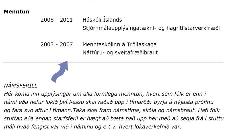 Dæmi um menntun á ferilskrá