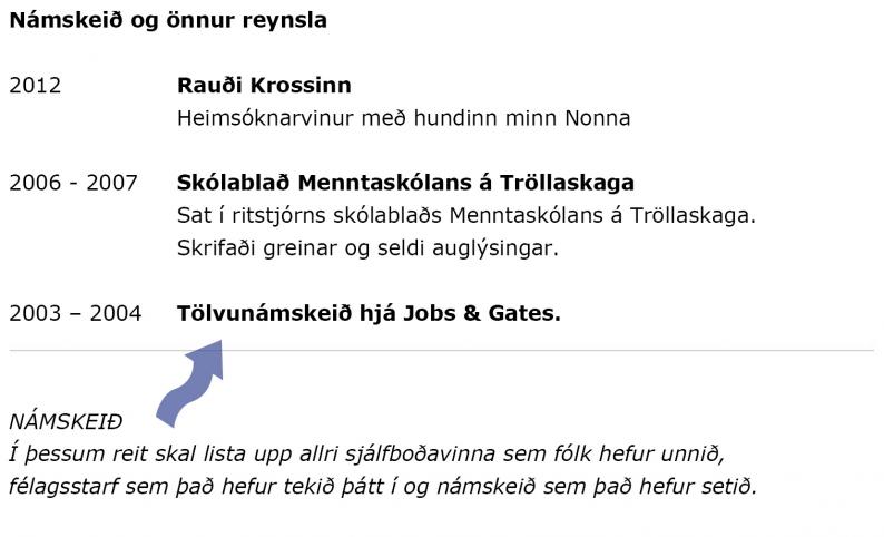 Dæmi um námskeið og reynslu á ferilskrá
