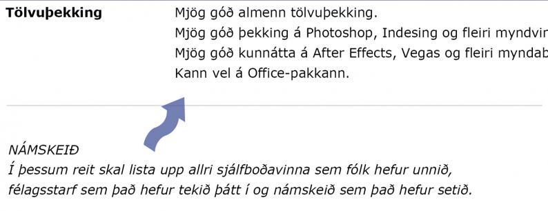 Dæmi um útlistun á tölvuþekkingu á ferilskrá
