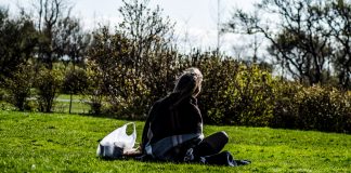 Ungur maður situr á túni